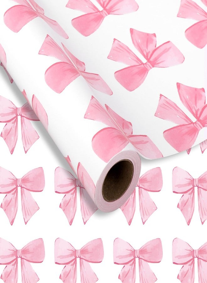 JarThenaAMCS Pink Bow Wrapping Paper -Mini Roll- 17In x 32.8 Ft Watercolor Bow Knot Gift Wrap Paper Sweet Craft Paper for Mother's Day Girls Birthday Wedding Baby Shower Party Packing Supplies - Image 1